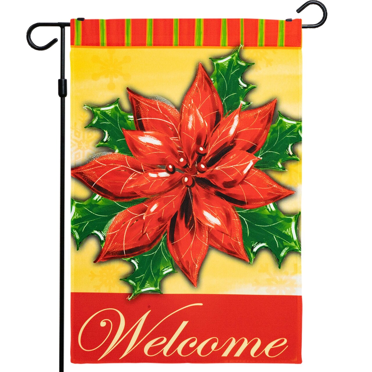 G128 - Christmas Garden Flag, Christmas and Winter Themed Decorations - Welcome Quote with Red Poinsettia Flower, Rustic Holiday Seasonal Outdoor Flag 12x18 Inch